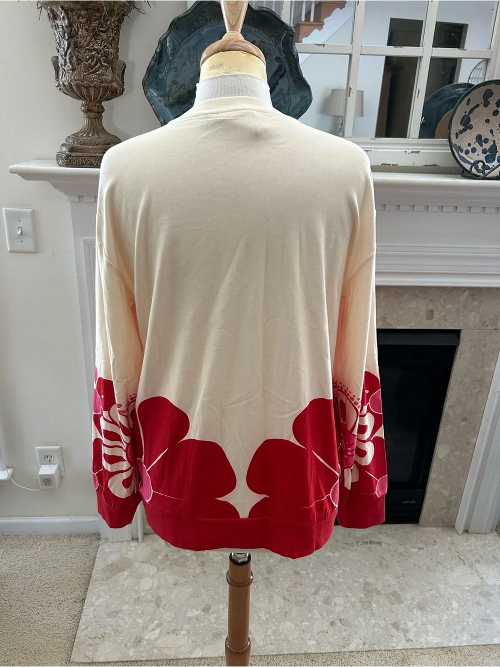 Farm Rio x Anthropologie Oversized Cream Tee Sweater with Red & Pink Graphic